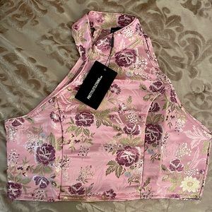 PLT Light Pink Satin High Neck Asymmetric Crop Top